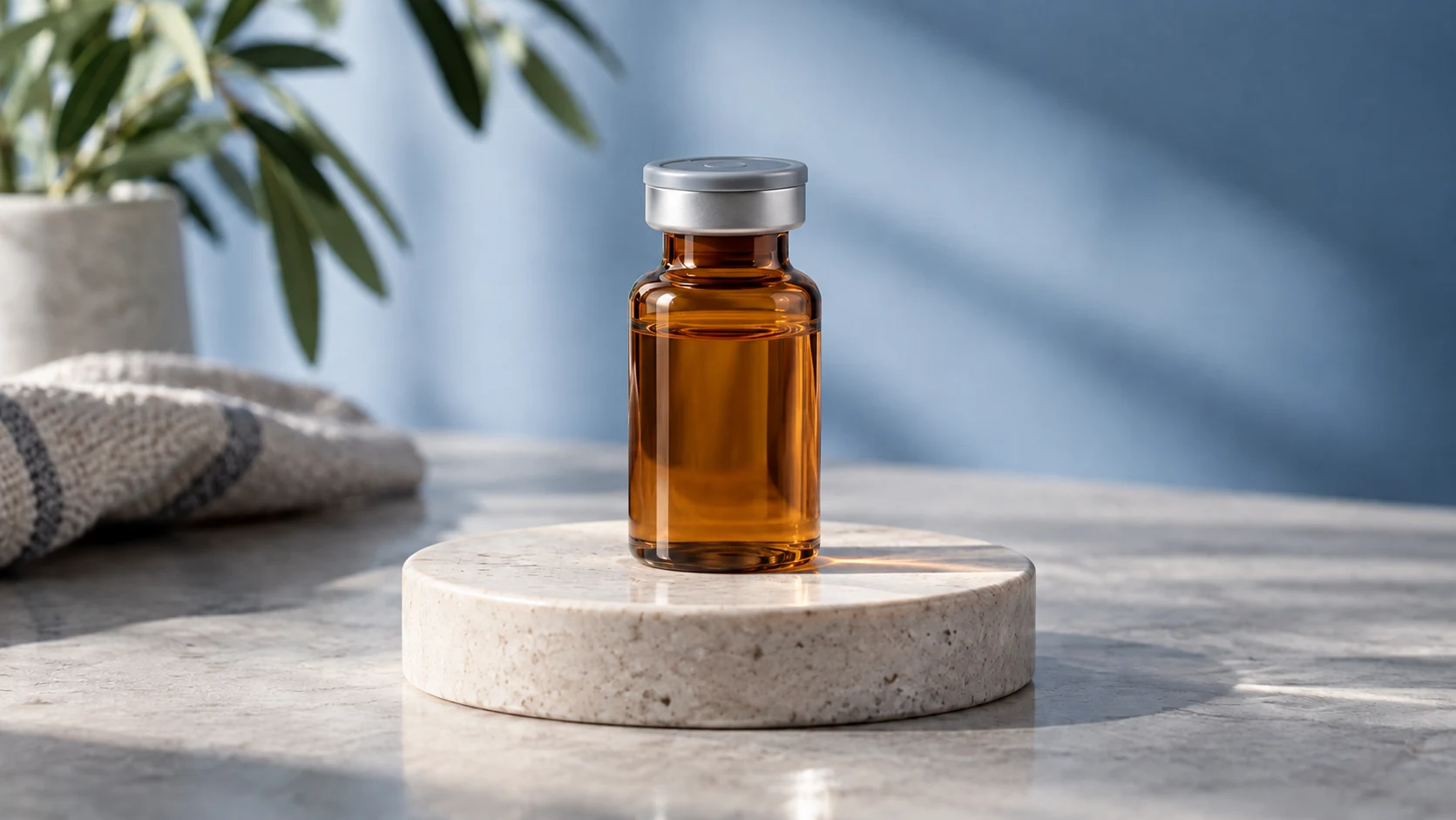 A sealed pharmaceutical vial on a stone pedestal in soft window light.