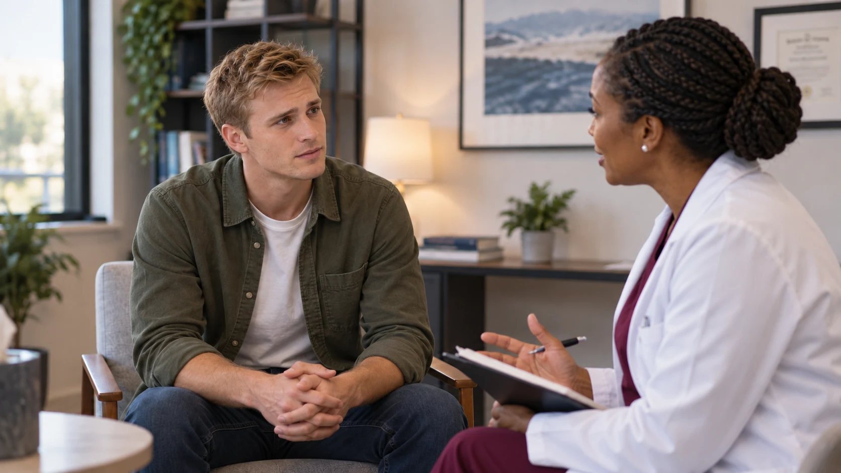 A young adult man speaking with a clinician in a private consultation room.