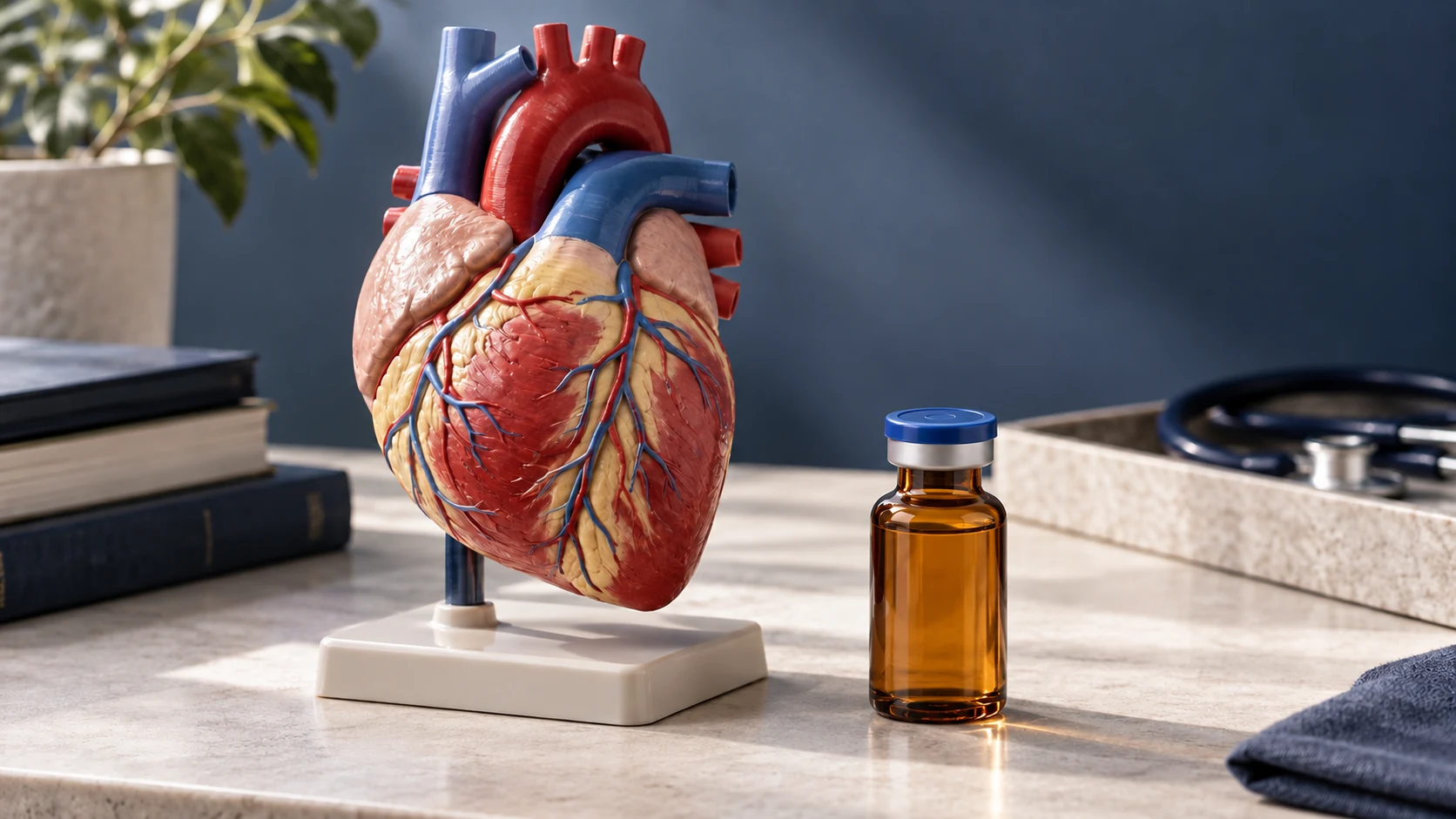 A physical anatomical heart model beside a sealed therapeutic vial.