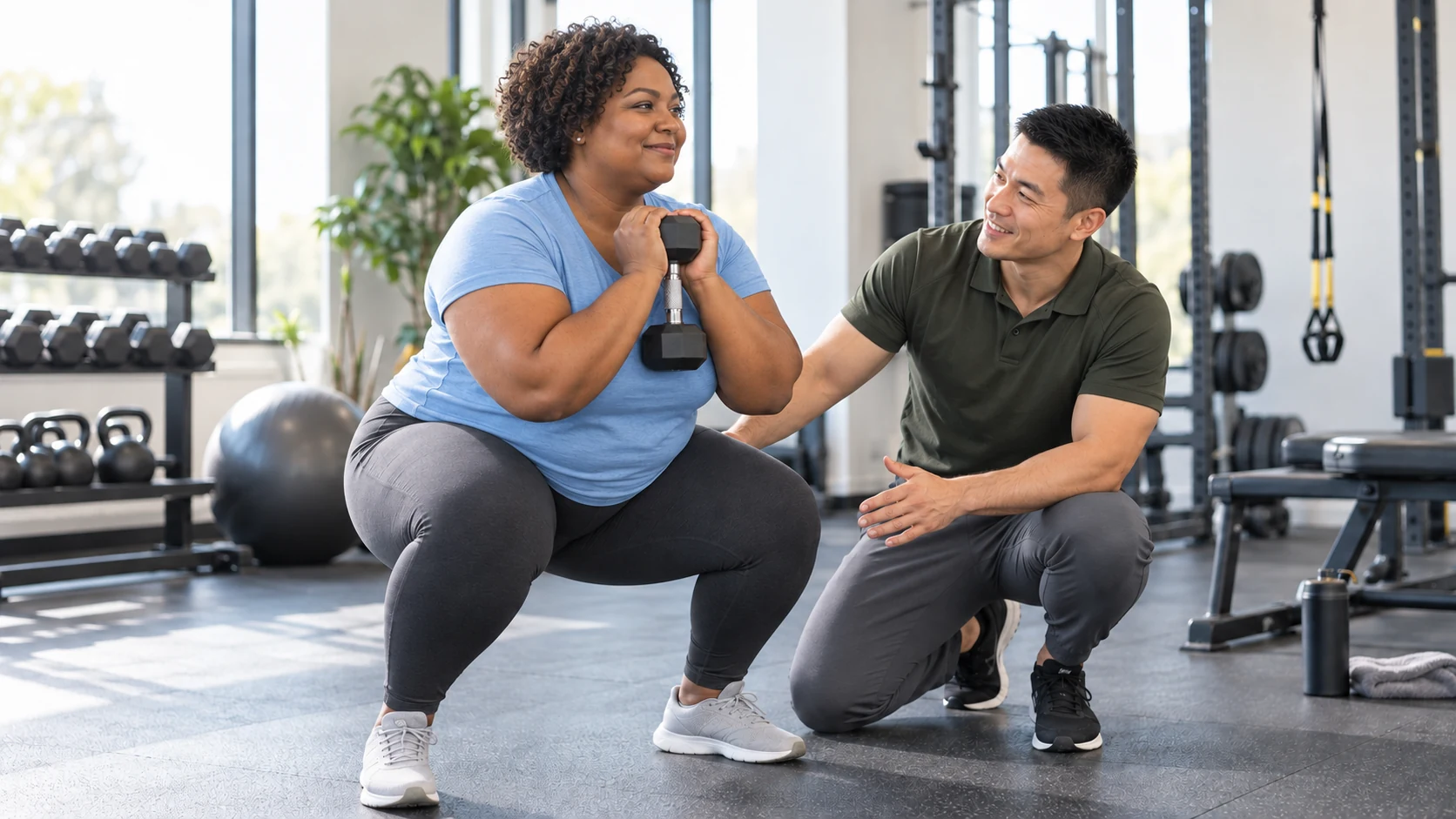 An adult woman learning a resistance exercise with a trainer.