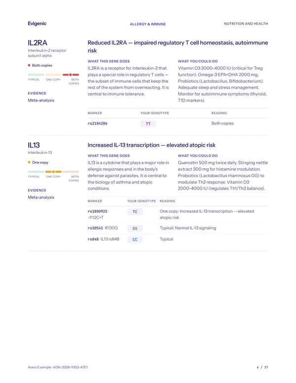 Example Evigenics report page showing evidence and interpretation
