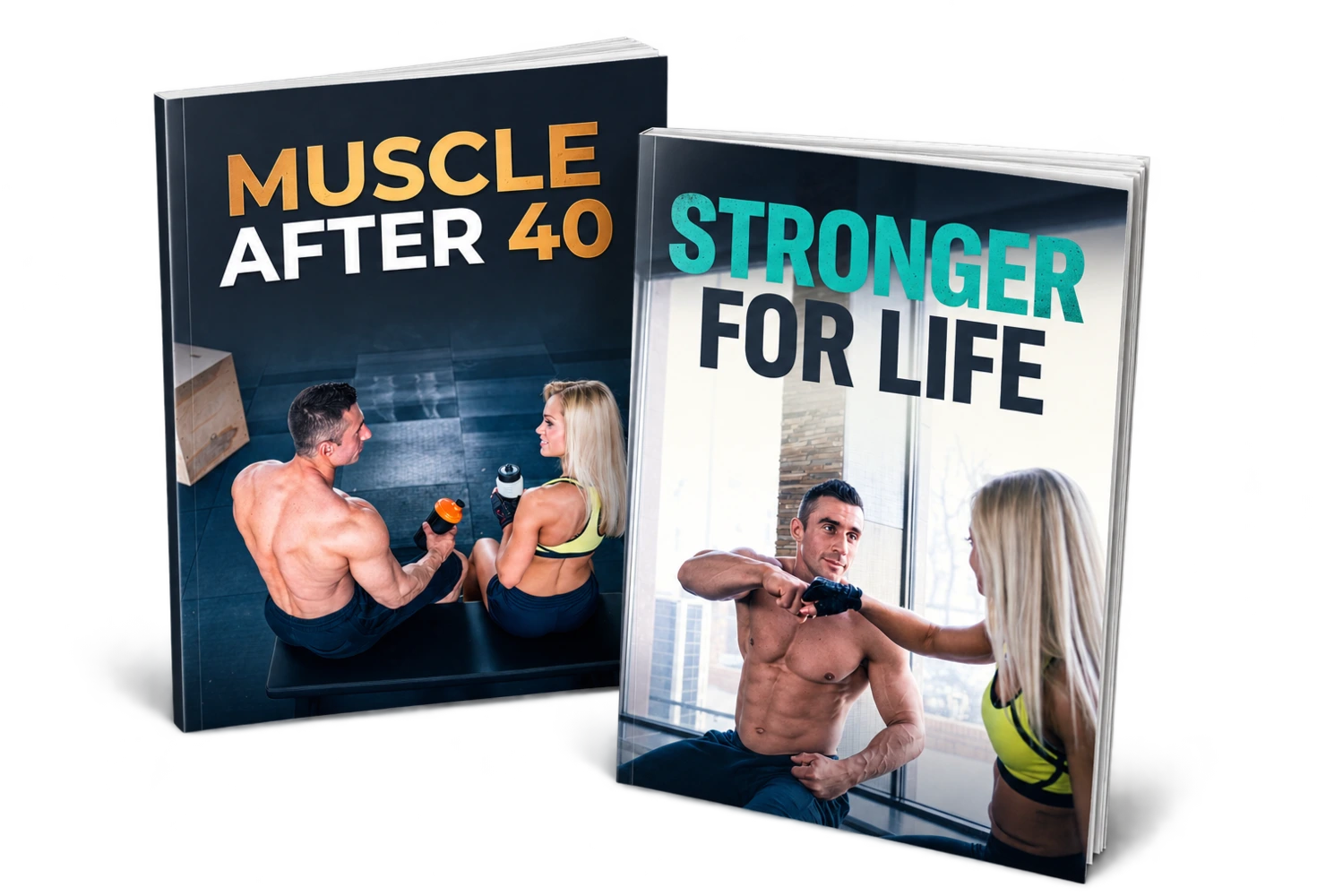 Muscle After 40 and Stronger for Life shown as a pair of printed guides