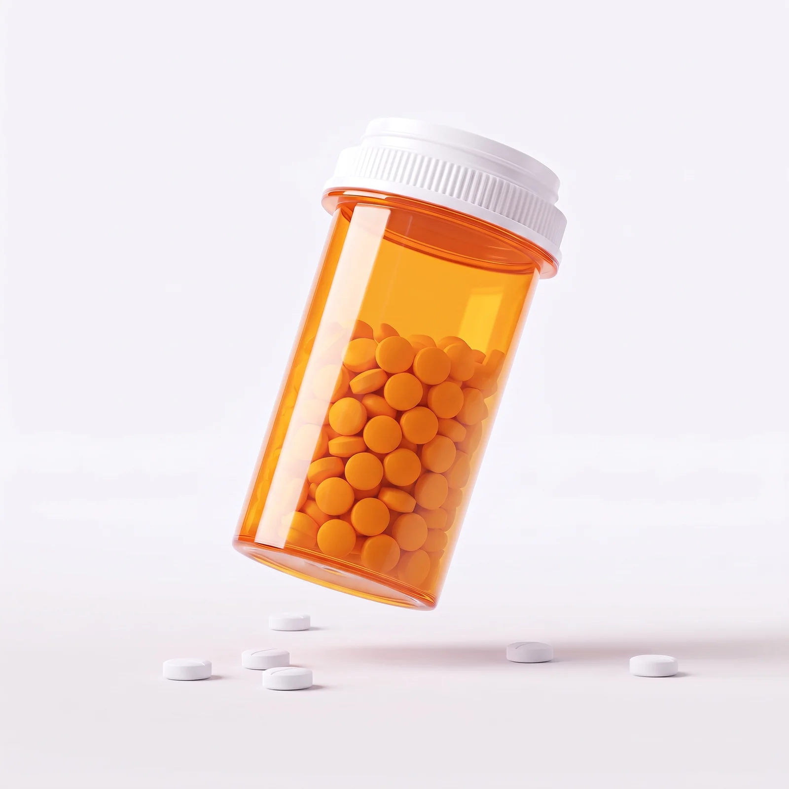 Cabergoline, unlabeled white round tablets in an amber prescription bottle