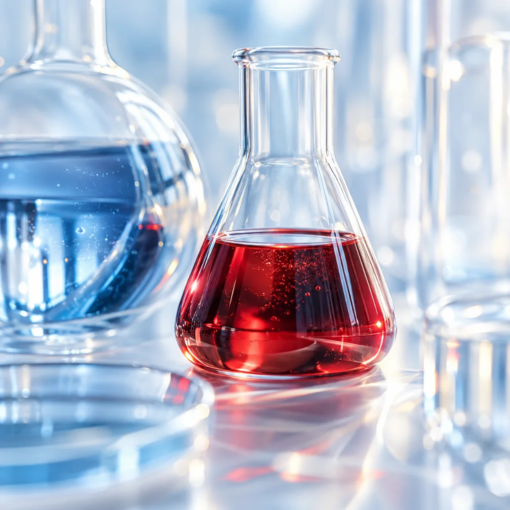 Lab testing: illuminated laboratory glassware with ruby and cobalt liquids