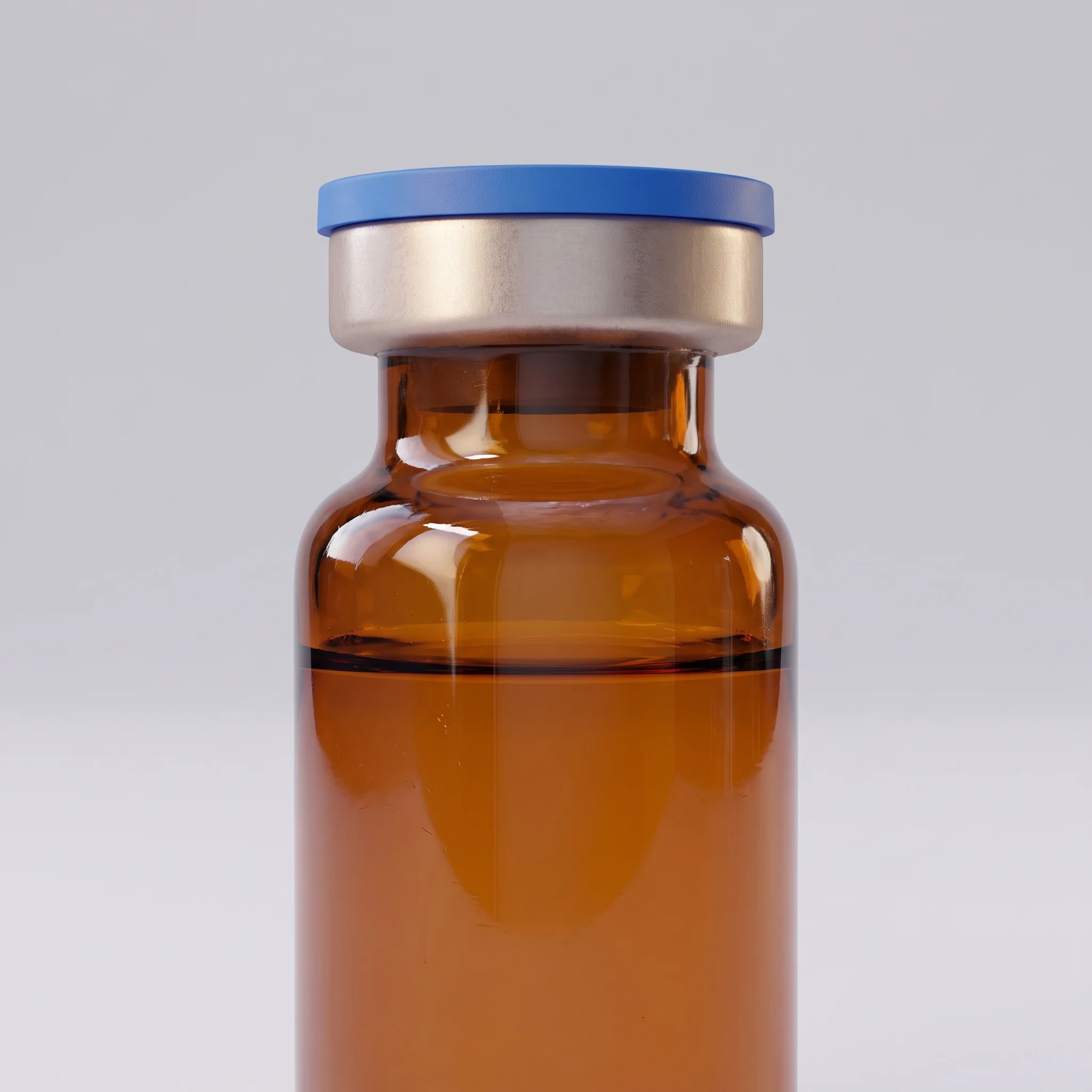 An unlabeled amber medication vial photographed straight on